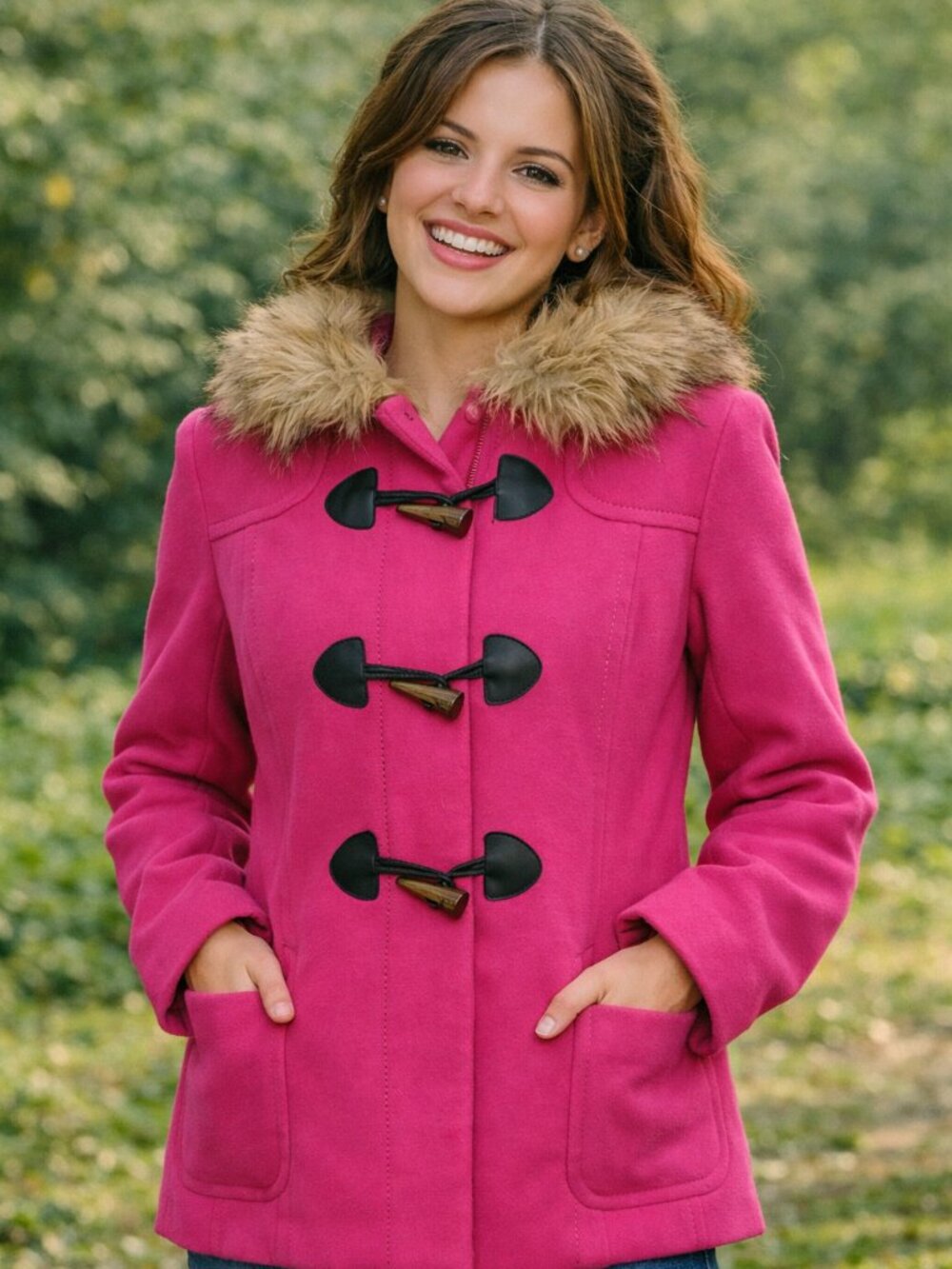 Fuchsia cloth peacoat with faux fur trim